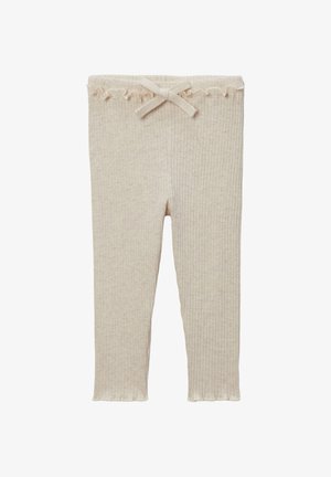 Leggings beige côtelés avec une taille froncée et un nœud décoratif à l'avant. Texture douce, coupe slim et longueur cheville.