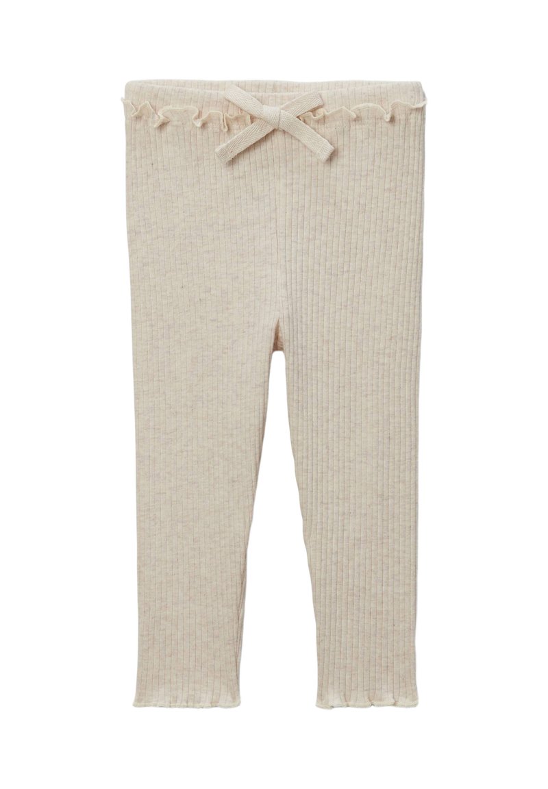 Leggings beige côtelés avec une taille froncée et un nœud décoratif à l'avant. Texture douce, coupe slim et longueur cheville.