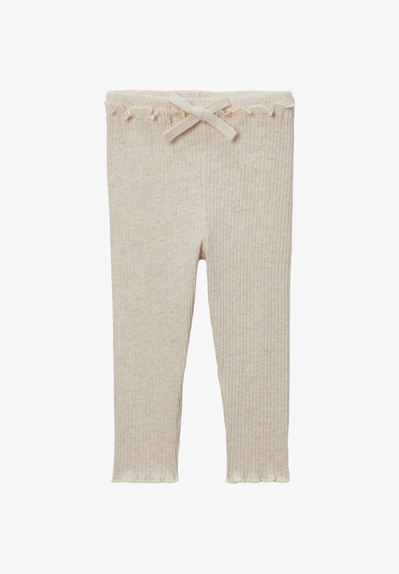 Leggings beige côtelés avec une taille froncée et un nœud décoratif à l'avant. Texture douce, coupe slim et longueur cheville.