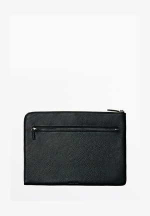 Black leather pouch with textured finish, featuring a horizontal zippered pocket on the front and a main zip closure at the top.