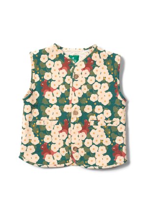 Florale Weste in Grün, Creme und Rot, mit Knopfverschluss, zwei Fronttaschen und einem glatten Stoff mit einem lebhaften Blumenmuster.