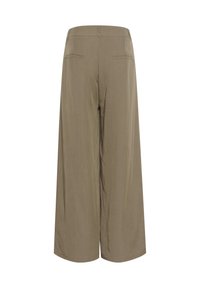 Wide-leg trousers in olive green, featuring a smooth texture, mid-rise waist, and two back pockets. Minimalist design with no visible patterns.