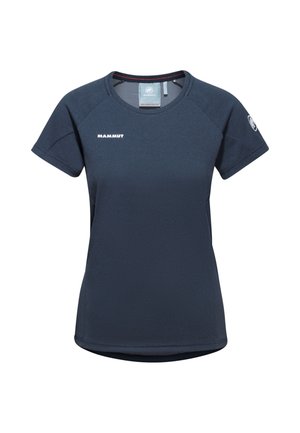 Navy blue short-sleeve athletic shirt with crew neck, Mammut logo on chest and sleeve, breathable fabric, and slightly curved hem.