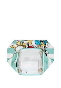 Bolsa de tela suave con un diseño de dibujos animados colorido y rayas azules y blancas. Bolsillo de malla transparente y acentos en verde menta. Cierre de cremallera.