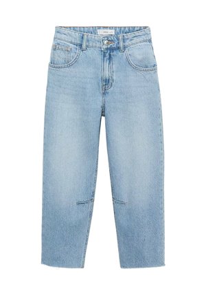 Hellblaue Denim-Jeans mit hohem Bund, geradem Schnitt und verkürzter Länge. Sie haben vier Taschen und ausgefranste Details am Saum.