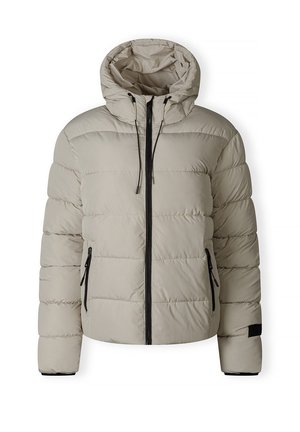 Beige gewatteerde jas met een capuchon, frontale ritssluiting, twee zijvakken en zwarte accenten op de ritssluitingen en mouwen. Glad, lichtgewicht materiaal.