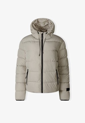 Beige gewatteerde jas met een capuchon, frontale ritssluiting, twee zijvakken en zwarte accenten op de ritssluitingen en mouwen. Glad, lichtgewicht materiaal.