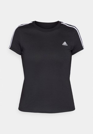 T-shirt in cotone nero con maniche corte, caratterizzato da strisce bianche sulle spalle e un piccolo logo bianco sul petto. Vestibilità classica.