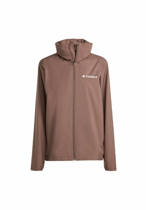 Veste à capuche marron avec fermeture éclair à l'avant et manches longues. Fabriquée en matériau léger, avec un logo "Terrex" blanc sur la poitrine.