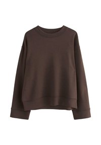 Brun sweatshirt gjord av mjukt tyg, med en bred rundhals, sänkta axlar och en avslappnad passform. Ribbad mudd och nederkant.