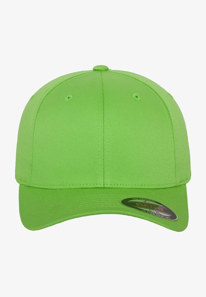 Bright green baseball cap made of smooth fabric, featuring a rounded crown, a stiff brim, and a side label with logo detail.