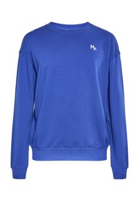 Felpa a maniche lunghe blu in materiale morbido con collo e polsini a coste. Presenta un piccolo logo "Mr." bianco sulla parte superiore sinistra.