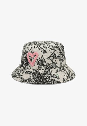 Chapeau bob avec imprimé botanique noir et cœur rose texturé sur le devant, fond clair, petit détail en trèfle vert sur le bord.