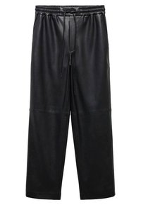 Pantalon large en similicuir noir avec taille élastique et cordon, avec un détail de couture au-dessus des genoux.