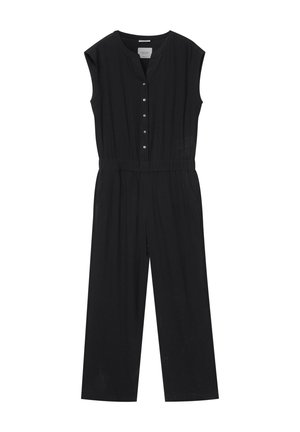 Mustat olkaimeton haalari, joka on valmistettu kevyestä kankaasta. Siinä on V-pääntie, nappiaukko edessä sekä leveät lahkeet, joissa on sivutaskut.