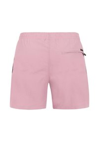 Pantaloncini da uomo rosa con vita elasticizzata e una piccola tasca con cerniera sul lato destro.