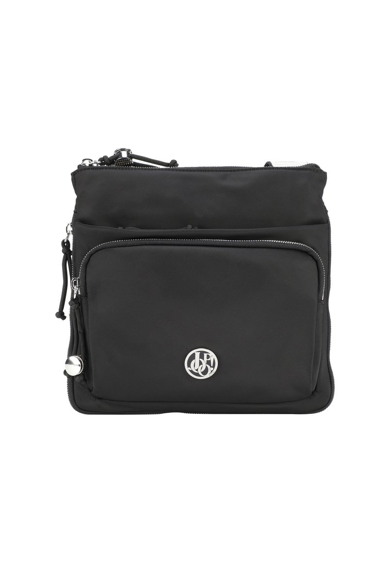 Borsa a tracolla nera in nylon con diversi scomparti, chiusure con zip, accento con logo e una superficie liscia. Include una tracolla regolabile.