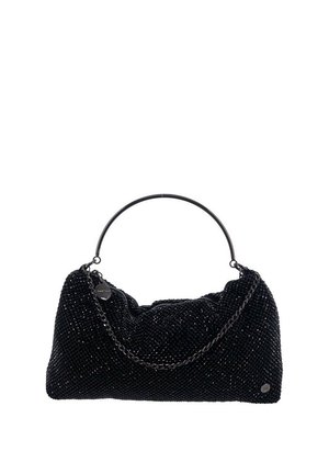 Borsa a mano in tessuto nero con perline, manico rigido rotondo e dettaglio a catena decorativa su sfondo bianco.