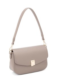 Borsa a tracolla in pelle grigia con chiusura a patta, metalleria dorata e tracolla removibile. Texture liscia e forma rettangolare con angoli arrotondati.