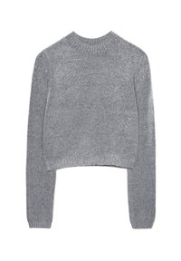Šedý zkrácený svetr vyrobený z měkkého pleteného materiálu, s dlouhými rukávy a žebrovaným výstřihem. Jednoduchý design bez vzorů nebo akcentů.