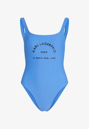 Blue one-piece swimsuit made of smooth fabric, featuring wide straps and a printed logo in black. Simple, sleek design.