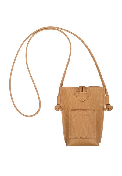 Tan leather pouch with a textured finish, a knotted strap, and a heart-shaped accent. Features a front pocket with embossed logo.