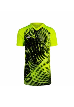 Neon-gelbes Sportshirt mit kurzen Ärmeln, einem V-Ausschnitt und einem schwarzen abstrakten Muster. Hergestellt aus leichtem, atmungsaktivem Material.