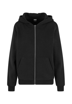 Black zip-up hoodie with front pockets, ribbed cuffs and hem, and attached hood on a white background.