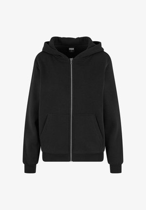 Black zip-up hoodie with front pockets, ribbed cuffs and hem, and attached hood on a white background.