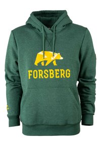 Grüne Kapuzenjacke mit einem geometrischen gelben Bären-Graphic und dem Text "FORSBERG". Verfügt über eine Vordertasche und eine Kordelzugkapuze. Weicher Stoff.