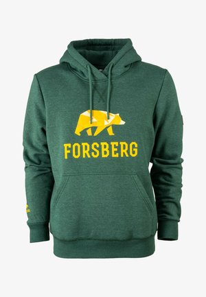Grüne Kapuzenjacke mit einem geometrischen gelben Bären-Graphic und dem Text "FORSBERG". Verfügt über eine Vordertasche und eine Kordelzugkapuze. Weicher Stoff.