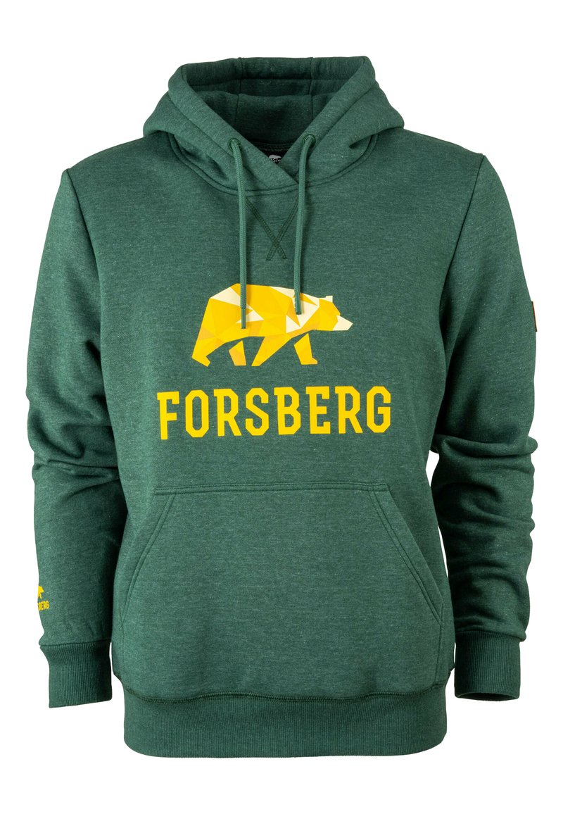 Grüne Kapuzenjacke mit einem geometrischen gelben Bären-Graphic und dem Text "FORSBERG". Verfügt über eine Vordertasche und eine Kordelzugkapuze. Weicher Stoff.