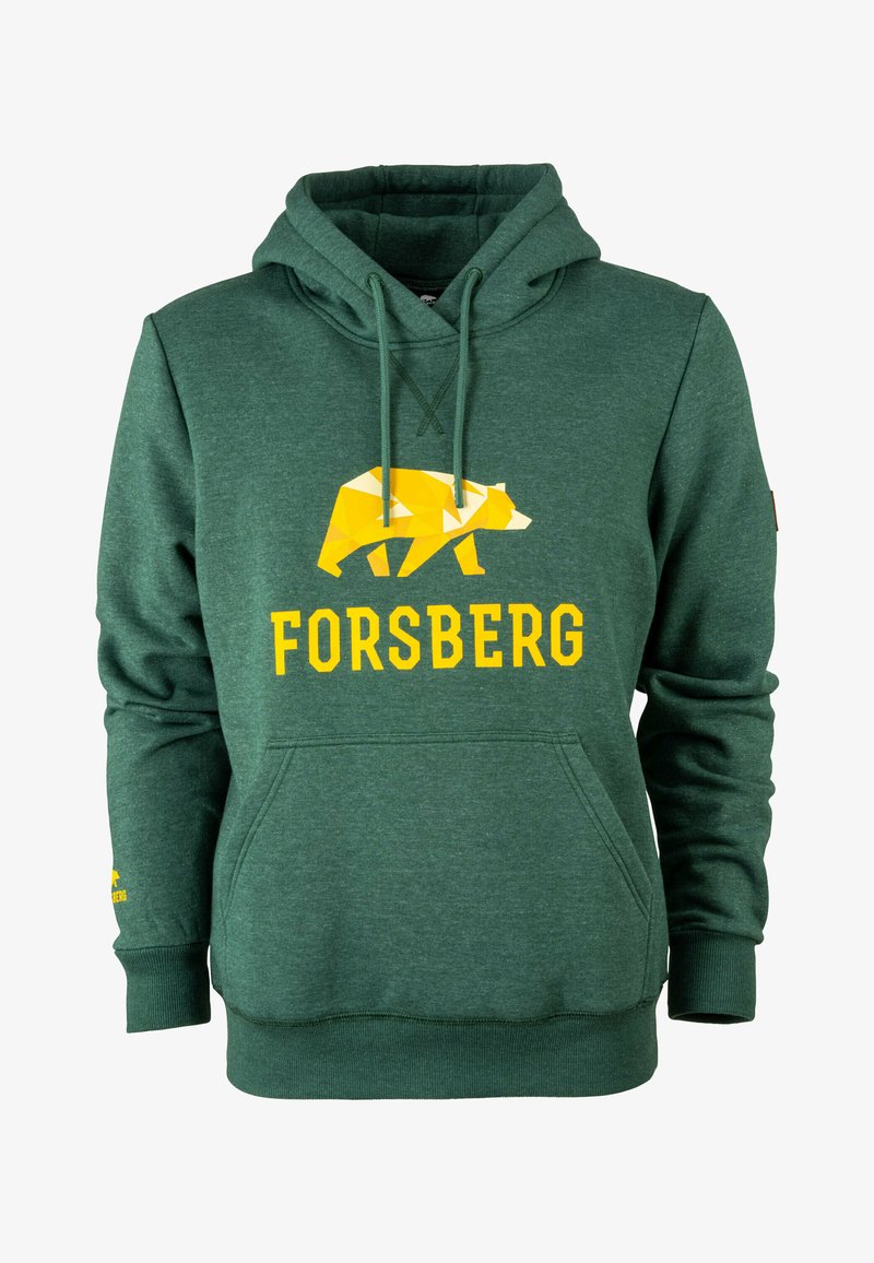 Felpa verde con una grafica di orso giallo geometrico e testo "FORSBERG". Presenta una tasca frontale e cappuccio con cordino. Tessuto morbido.