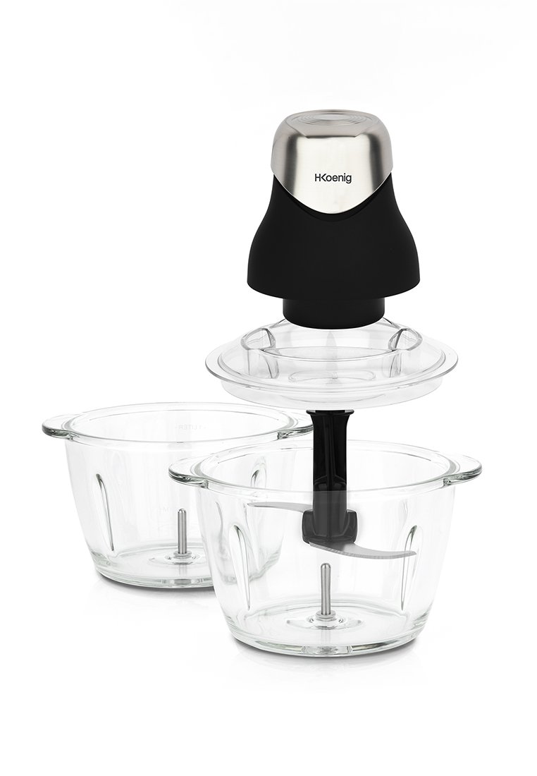 Cortadora eléctrica con una base de motor de acero inoxidable negro, incluye dos recipientes de vidrio transparente con cuchillas extraíbles para picar.