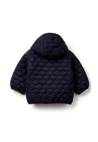 Granatowa, pikowana kurtka puchowa z kapturem, z fakturowanym wzorem w postaci bąbelków oraz elastycznymi mankietami. Projekt jest prosty i funkcjonalny.