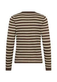 Långärmad tröja med horisontella bruna och beige ränder, rund halsringning och rak nederkant, sedd bakifrån mot en vit bakgrund.