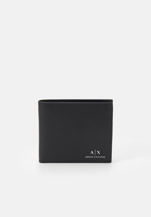 Black leather wallet featuring a smooth texture, square shape, and embossed logo in silver. Folded design with visible stitching details.