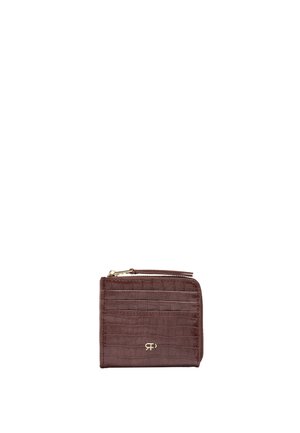 Brązowy skórzany portfel o fakturze krokodyla, ze złotym zamkiem i małym złotym logo z przodu.