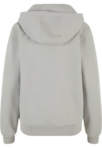 Lys grå hettegenser med myk tekstur, med snoretrukket hette, ribbestrikkede ermer og kant, designet med en enkel, sømløs bakside.