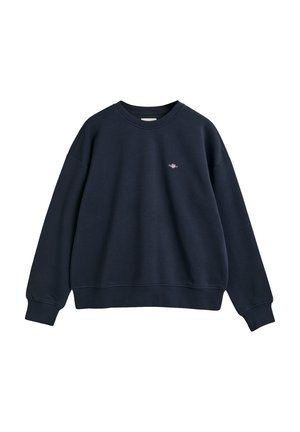 Navy blue sweatshirt, crew neck, long sleeves, ribbed cuffs and hem. Small embroidered logo on the chest. Made from soft cotton blend fabric.
