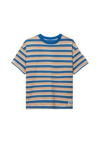 T-shirt à manches courtes avec des rayures horizontales bleu, beige et blanc, et un petit logo brodé près de l'ourlet.