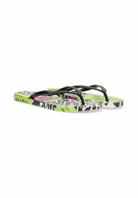 Chanclas de goma negras con una suela estampada que presenta motivos de animales en verde neón, rosa y negro. Las tiras son texturizadas para un mejor agarre.