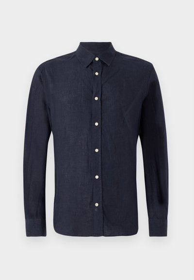 Cămașă albastru marin cu mânecă lungă, din in, cu guler tip button-down, având o închidere frontală cu nasturi rotunzi argintii și un material ușor texturat.