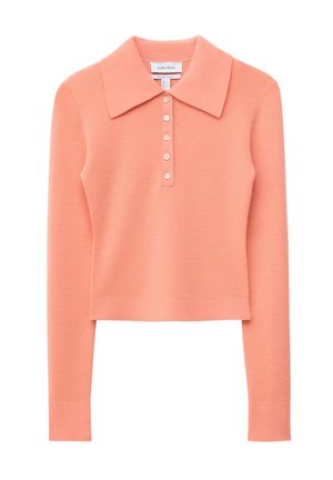 Long-sleeve, cropped peach knit sweater with wide collar and five front buttons, laid flat on a white background.