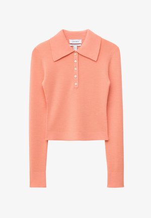 Long-sleeve, cropped peach knit sweater with wide collar and five front buttons, laid flat on a white background.