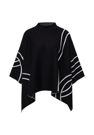 Schwarzer Poncho mit hohem Kragen, weißen abstrakten Designs auf den Ärmeln, leichtem Stoff, der locker fällt und einen taillierten unteren Rand hat.