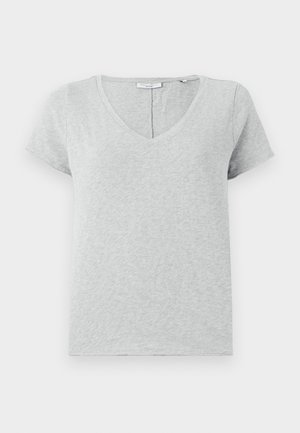 Gray short-sleeve T-shirt made of soft fabric with a V-neckline and a relaxed fit. Features subtle texture and a simple design.