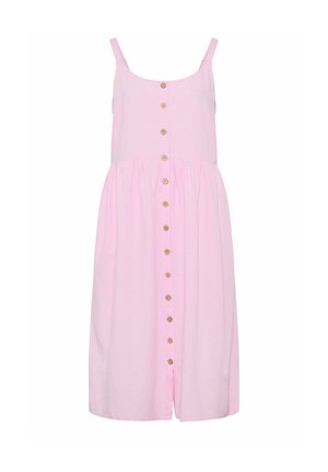 Lichtroze mouwloze midjurk met dunne bandjes en een rij kleine houten knopen aan de voorkant van de halslijn tot aan de zoom.