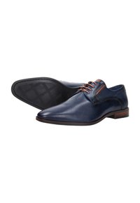 Marine leren dresschoenen met een gladde afwerking, ronde neus en bruine accenten. Voorzien van veters en een gestructureerd zijpaneel voor contrast.