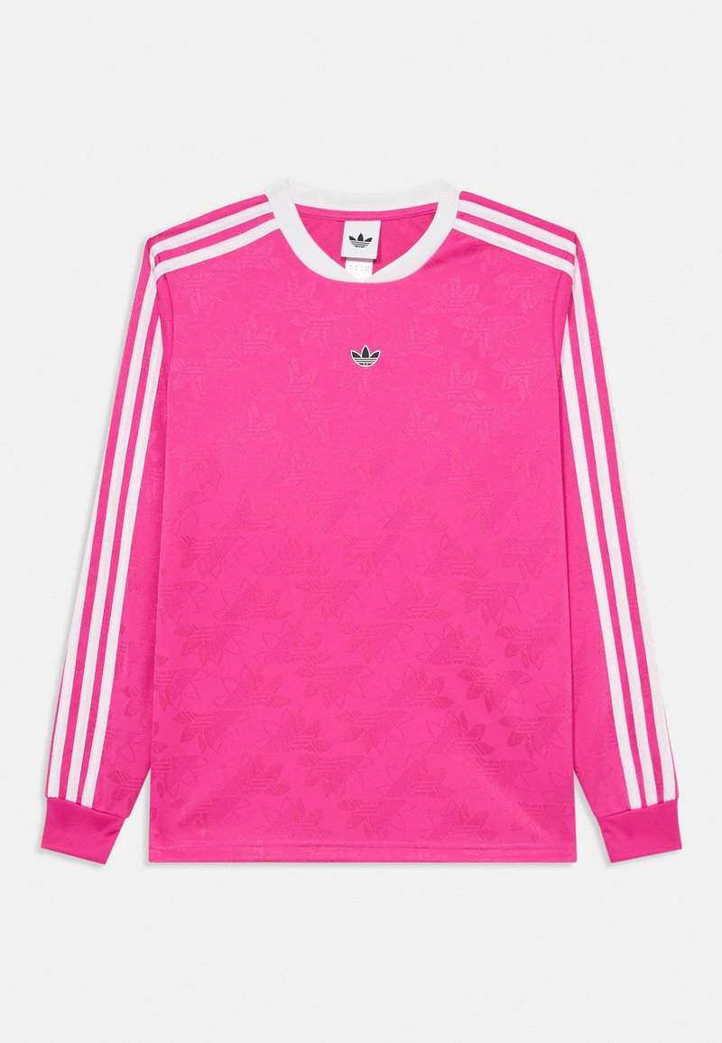 Hosszú ujjú rózsaszín sportpóló fehér háromsávos mintával, texturált levélmintával és kis fekete logóval a mellrészen.